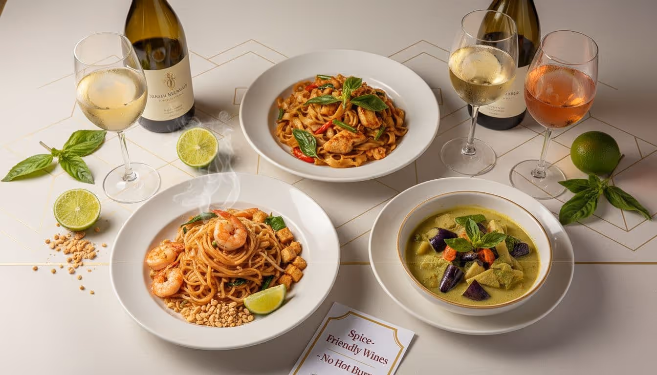 Photorealistic overhead view of Pad Thai, Drunken Noodles, and Thai green curry on tasting plates, paired with chilled Riesling, Gewürztraminer, and sparkling rosé wines in a modern restaurant setting.