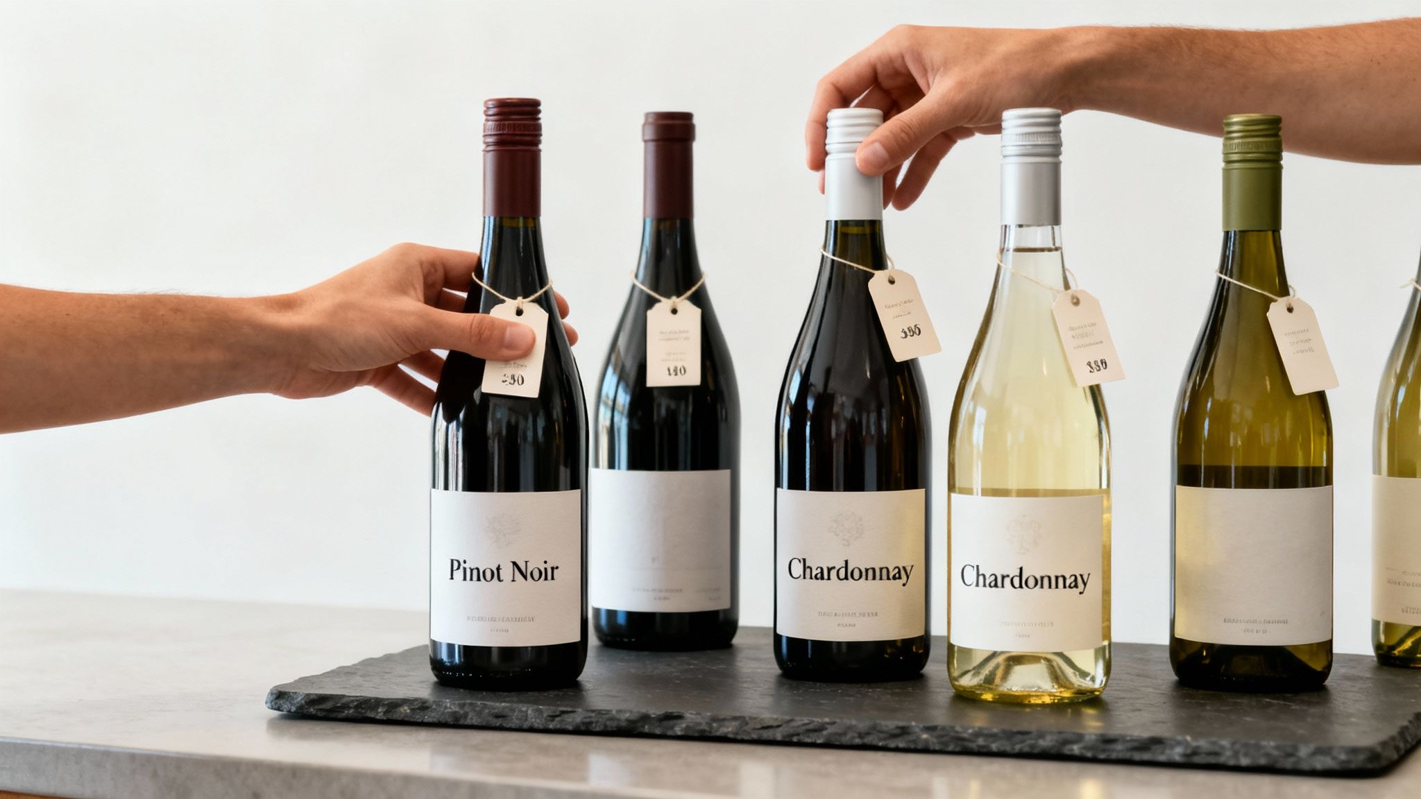 Hands reaching for various bottles of wine, including Pinot Noir and Chardonnay, on a display.