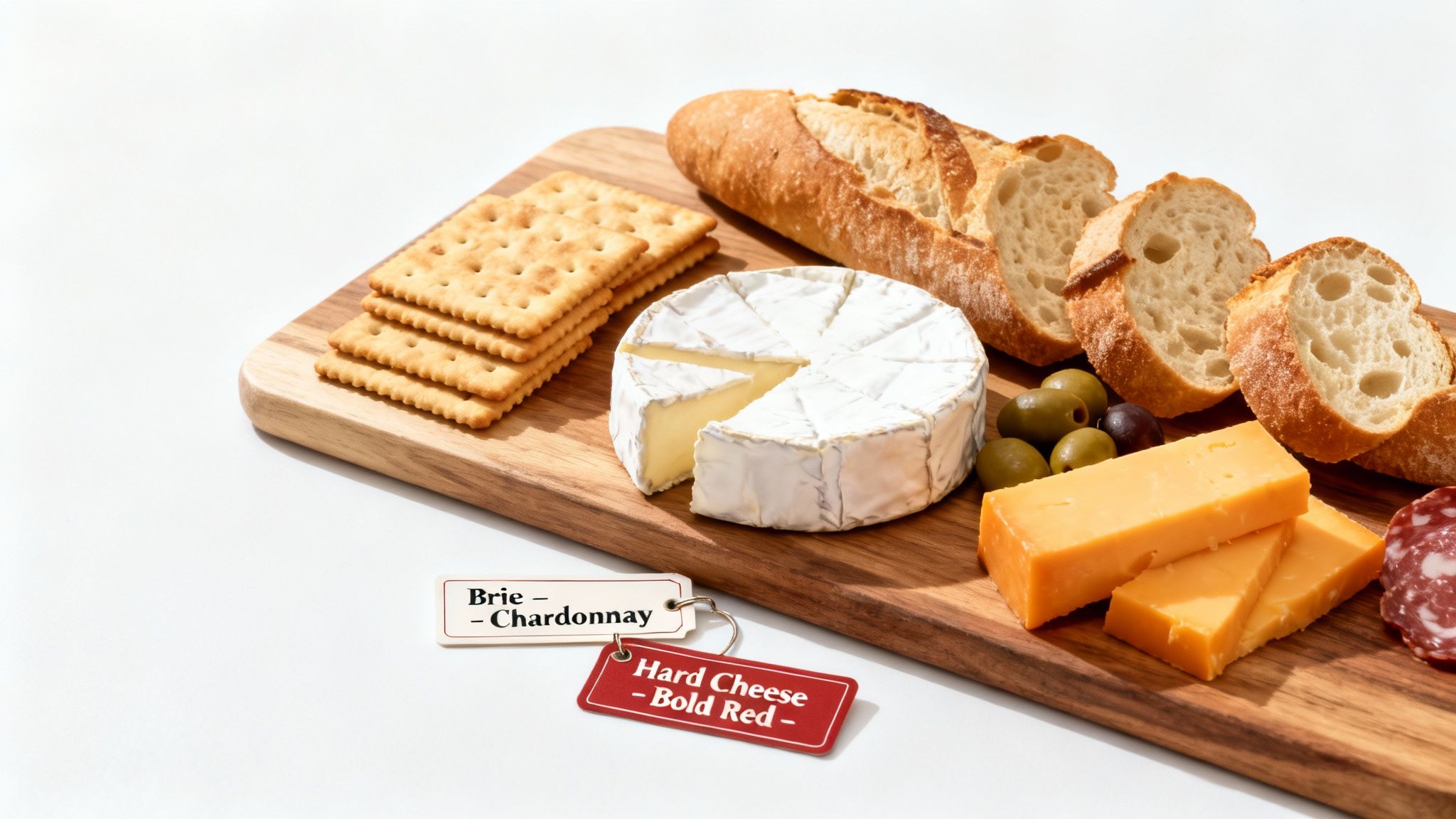 A wooden board showcasing a cheese and charcuterie spread with brie, hard cheese, crackers, bread, and olives.