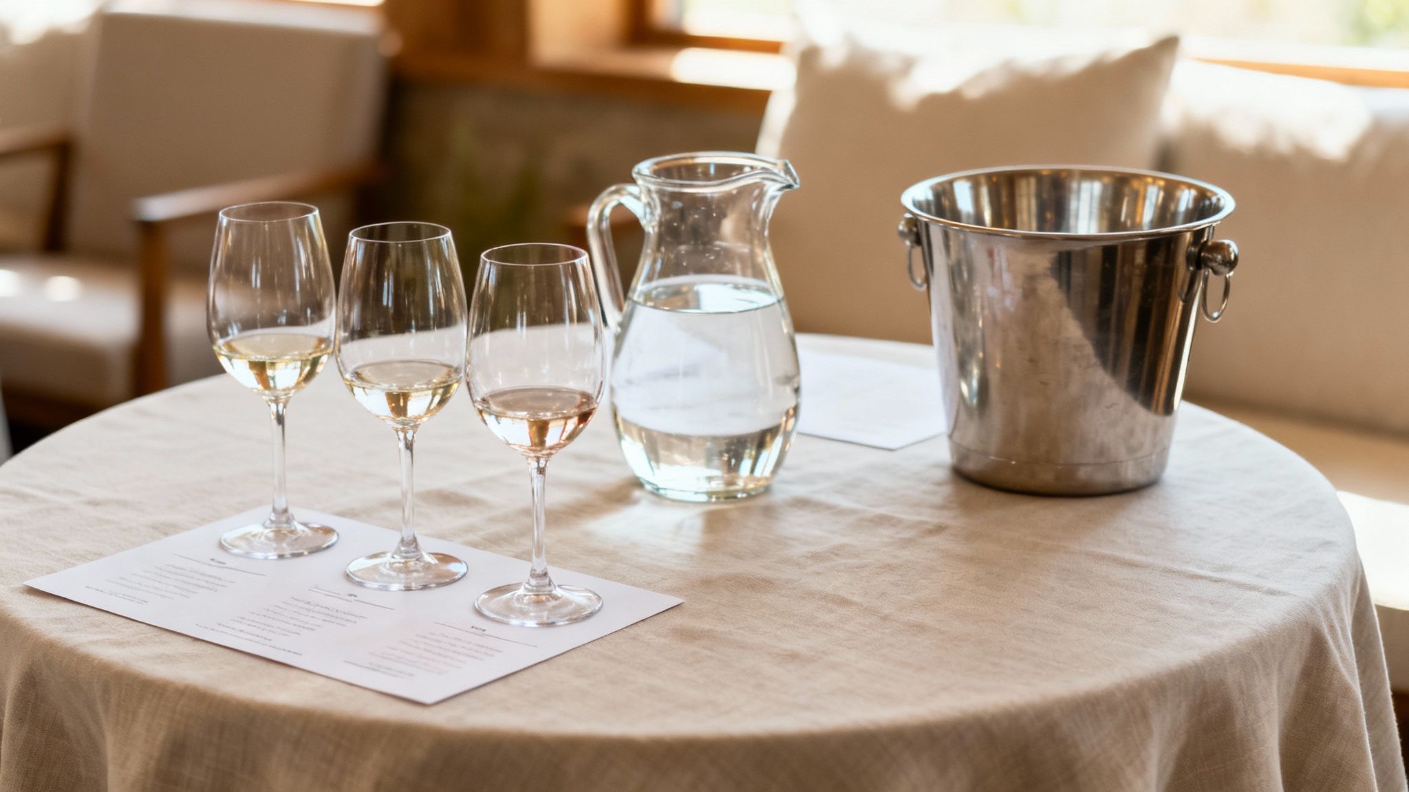 A table set for a wine tasting with three wine glasses, a water pitcher, and a cooler.