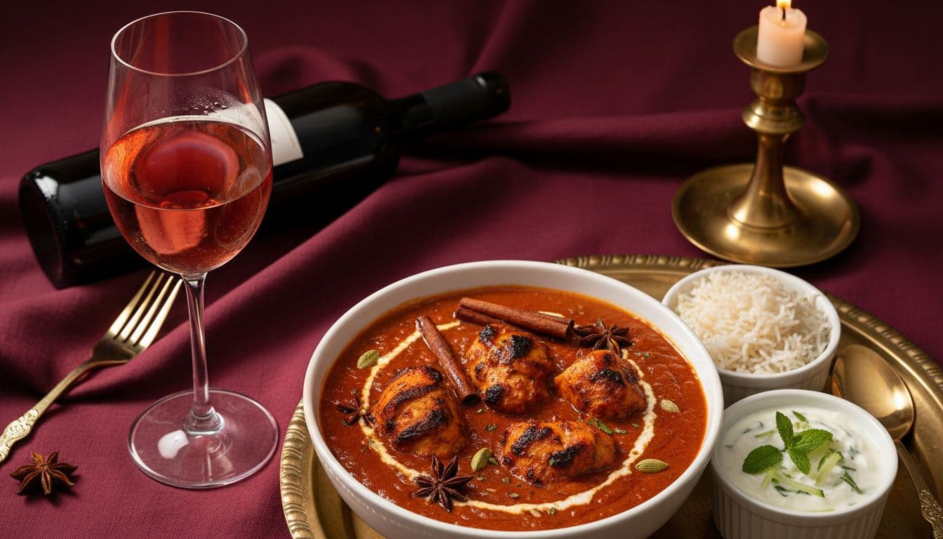 Chicken tikka masala with ros&eacute; pairing on burgundy and gold setting