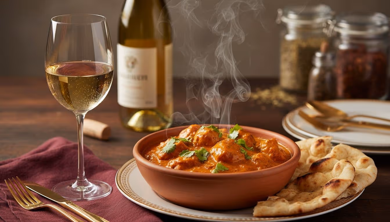 Butter chicken with Riesling pairing on burgundy and gold table setting