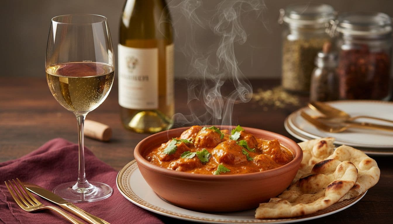 Butter chicken with Riesling pairing on burgundy and gold table setting