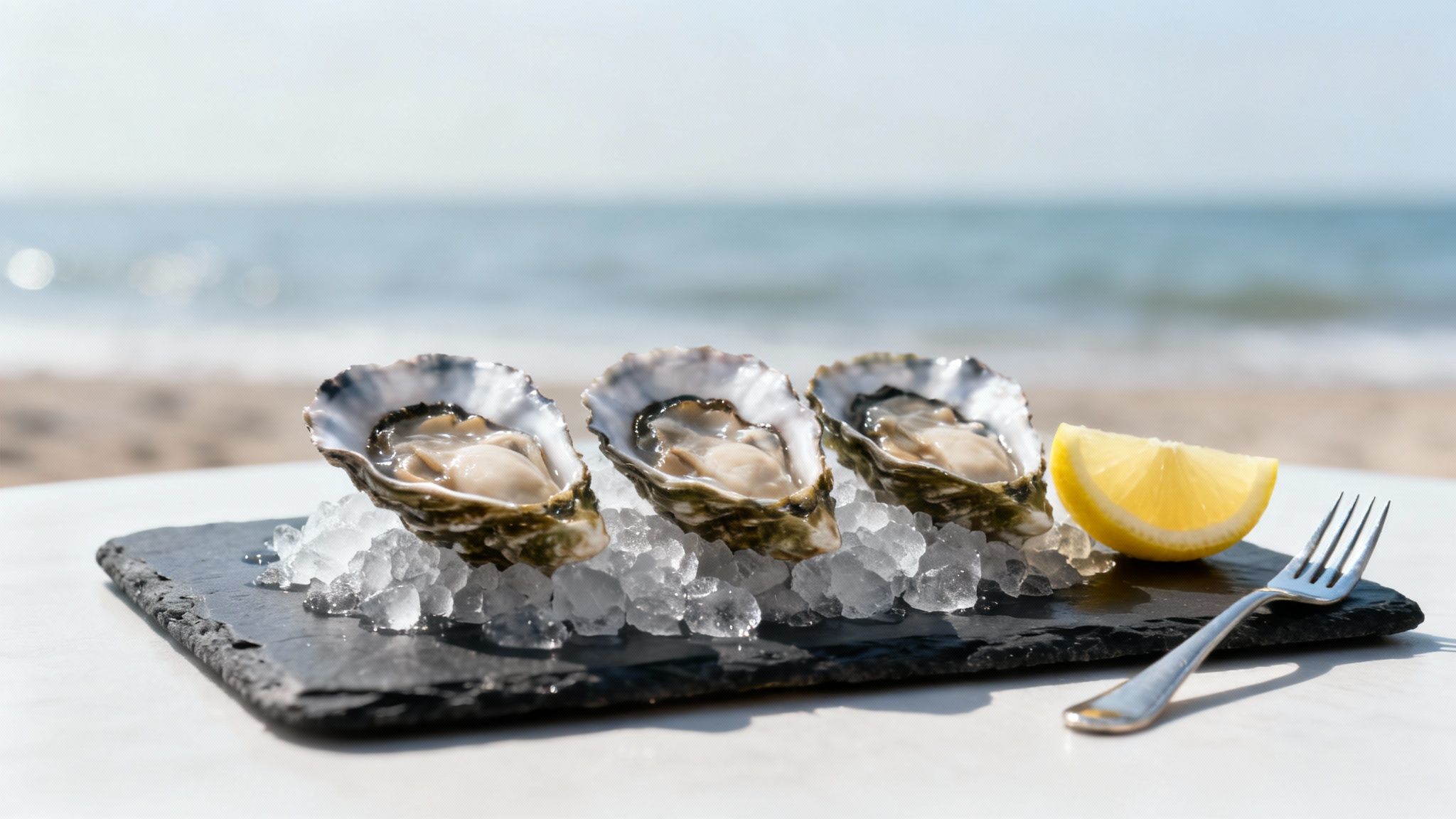 Three fresh oysters on ice with a lemon wedge and fork, served on a beach.