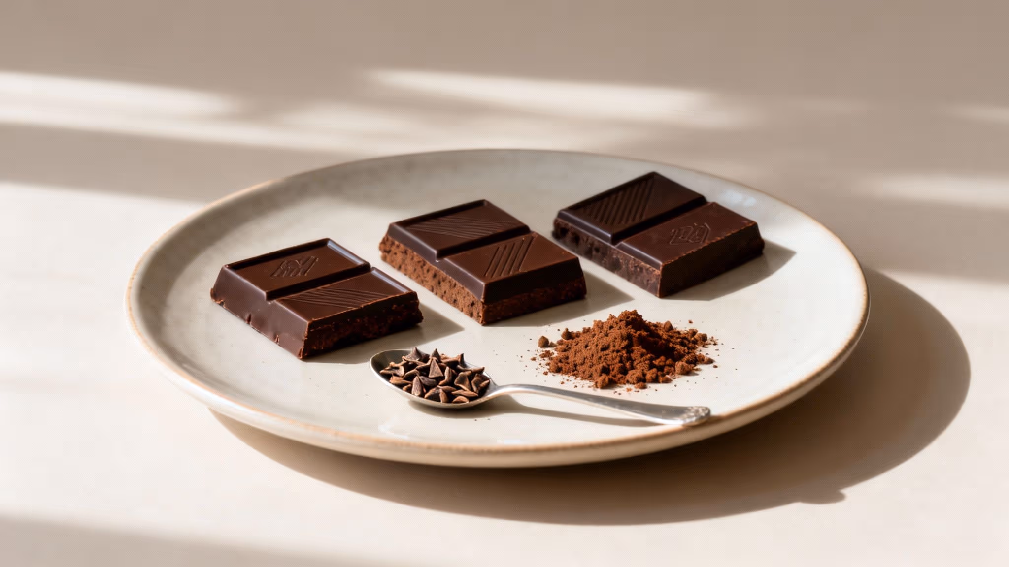 Three pieces of dark chocolate on a plate with cocoa powder and chocolate chips.