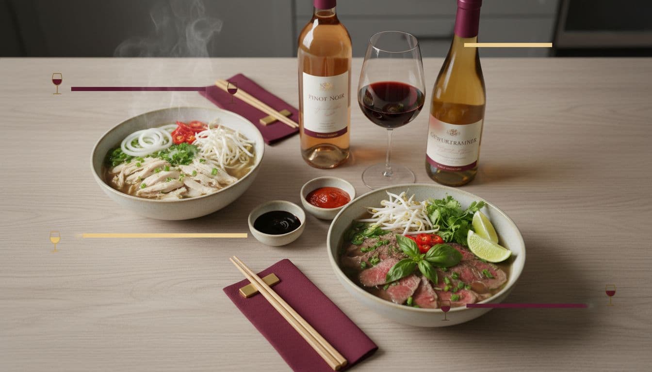 Pho night table with beef pho, chicken pho, and wine