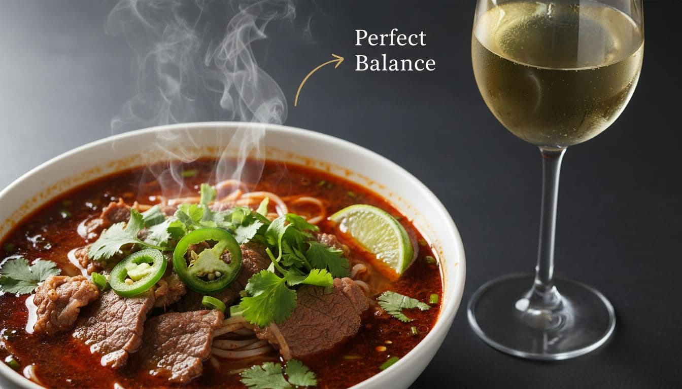 Spicy pho next to off-dry white wine