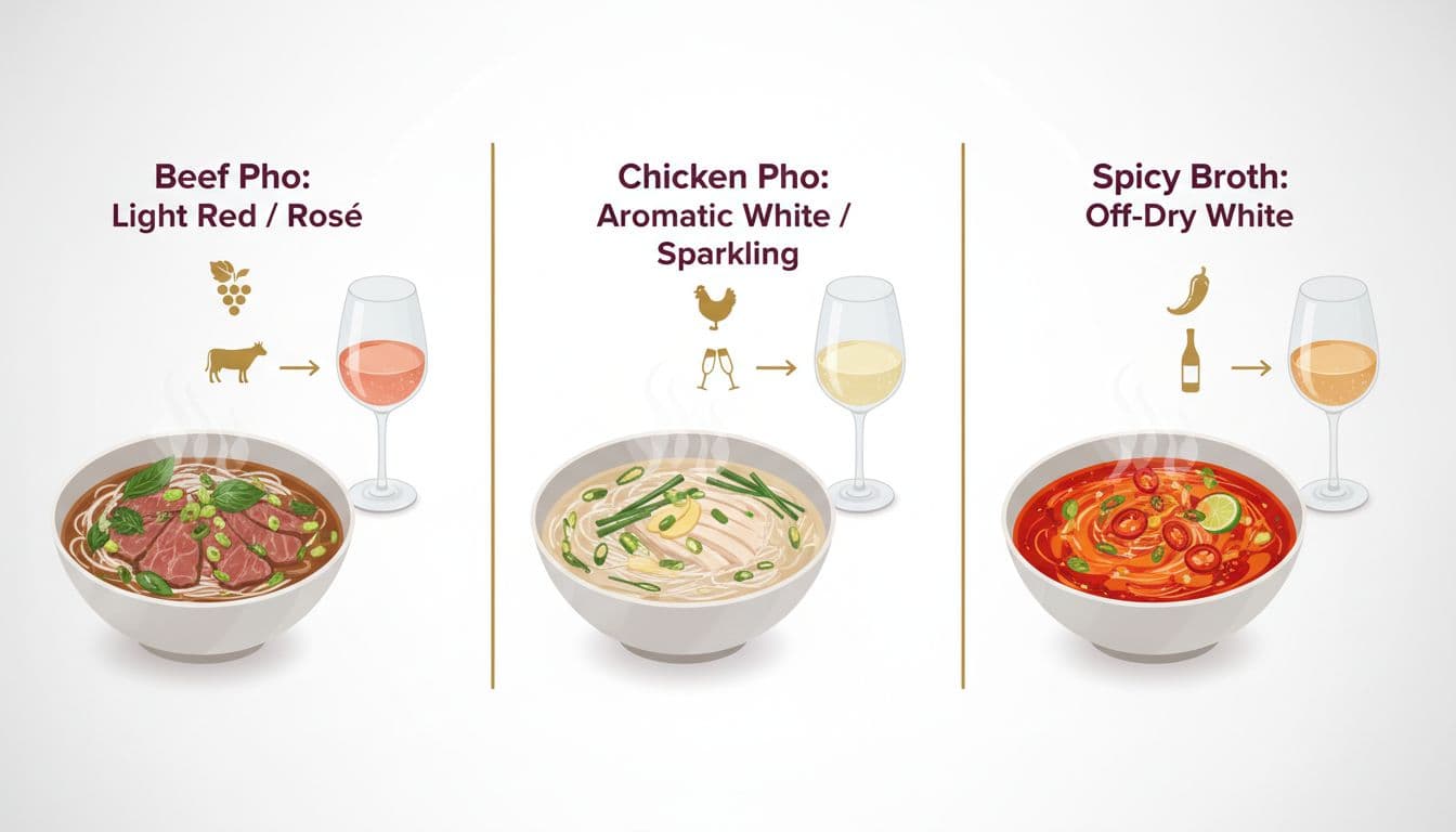 Three-panel infographic of pho and wine pairings