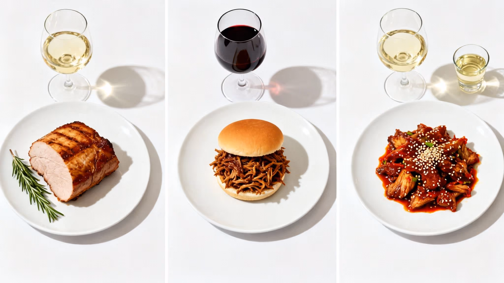 Diverse pork meals: roasted pork, pulled pork sandwich, and spicy pork stir-fry, with matching wine.