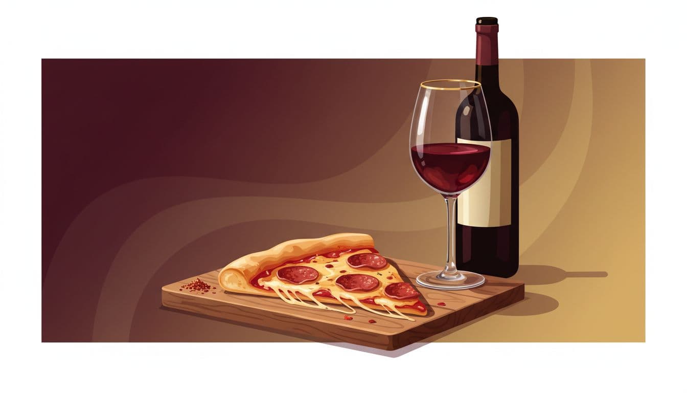 Pepperoni pizza slice paired with a glass and bottle of red wine