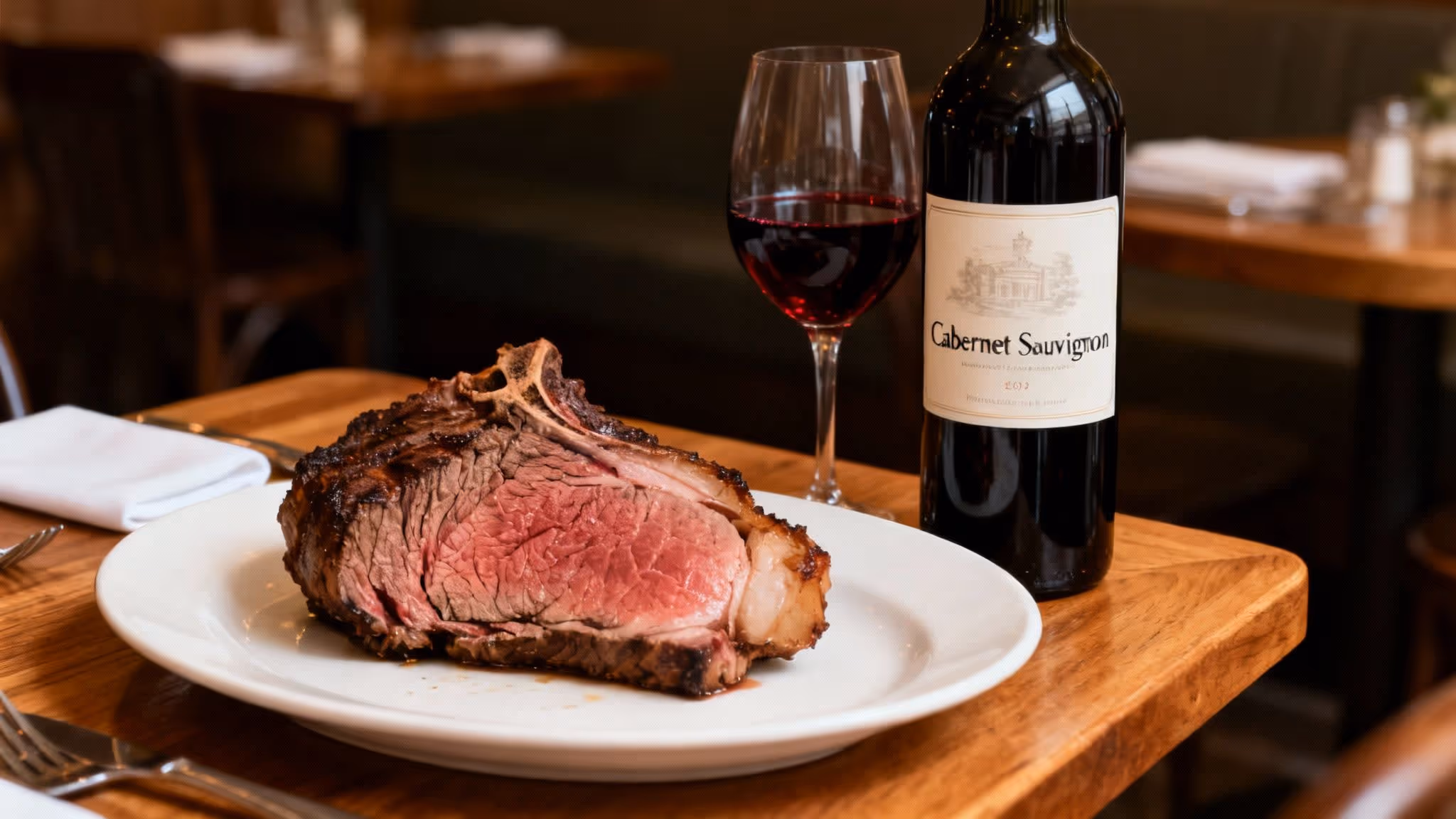 A perfectly cooked prime rib steak on a white plate, served with a glass of red wine and a bottle of Cabernet Sauvignon on a wooden table.