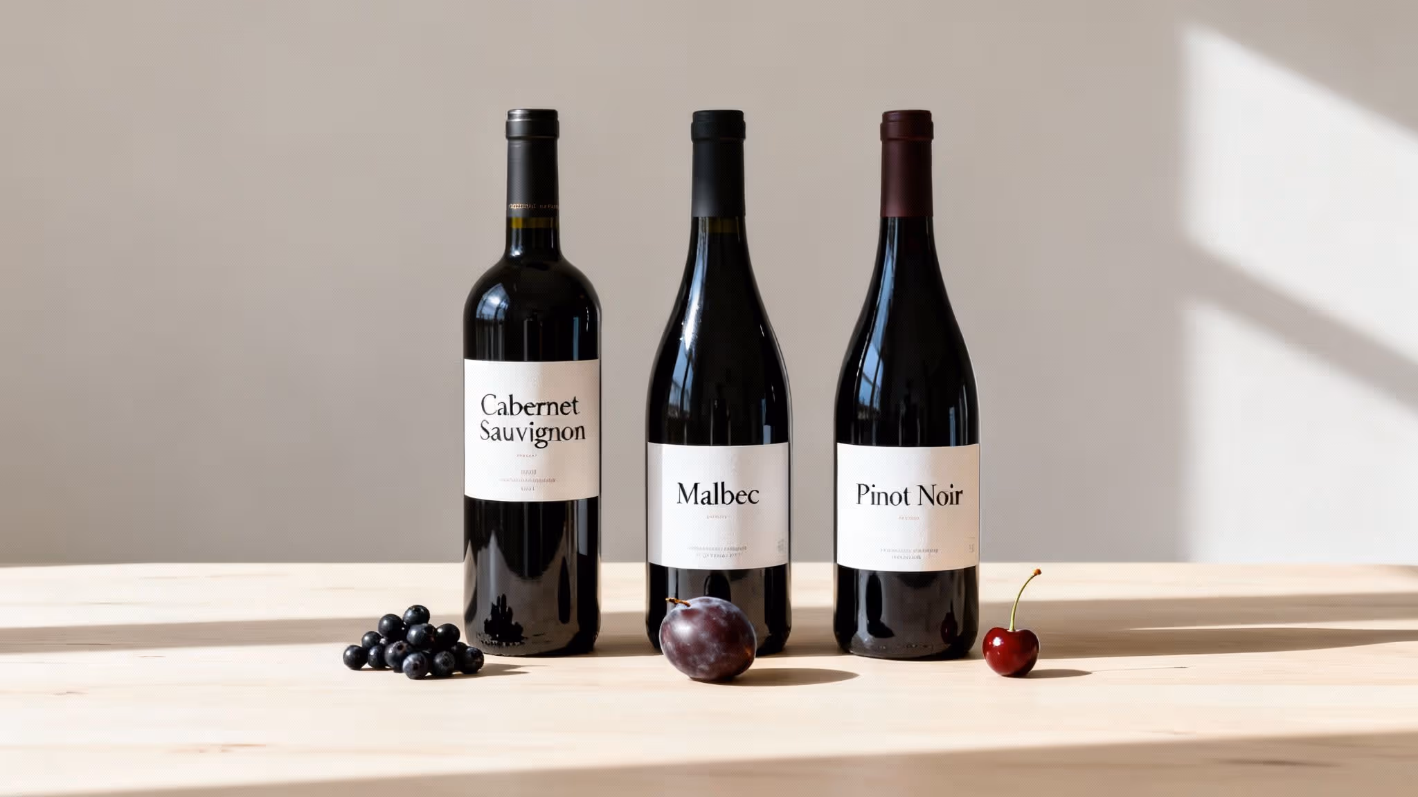 Three red wine bottles (Cabernet Sauvignon, Malbec, Pinot Noir) with berries, plum, and cherry on a wooden table.
