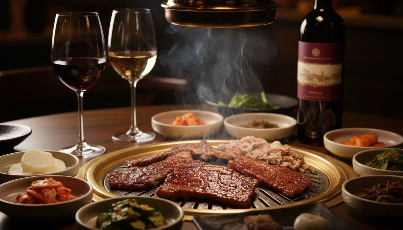 Korean BBQ table with bulgogi, galbi, banchan, and wine