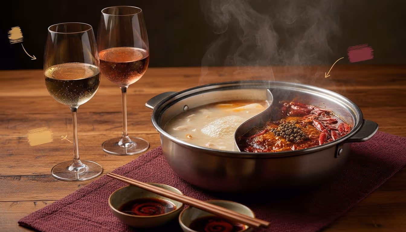 A vibrant Sichuan-style spicy hot pot in a split-broth pot bubbles on a wooden table, with a fiery red spicy side and milder broth, paired alongside chilled off-dry Riesling and sparkling rosé in elegant glasses.