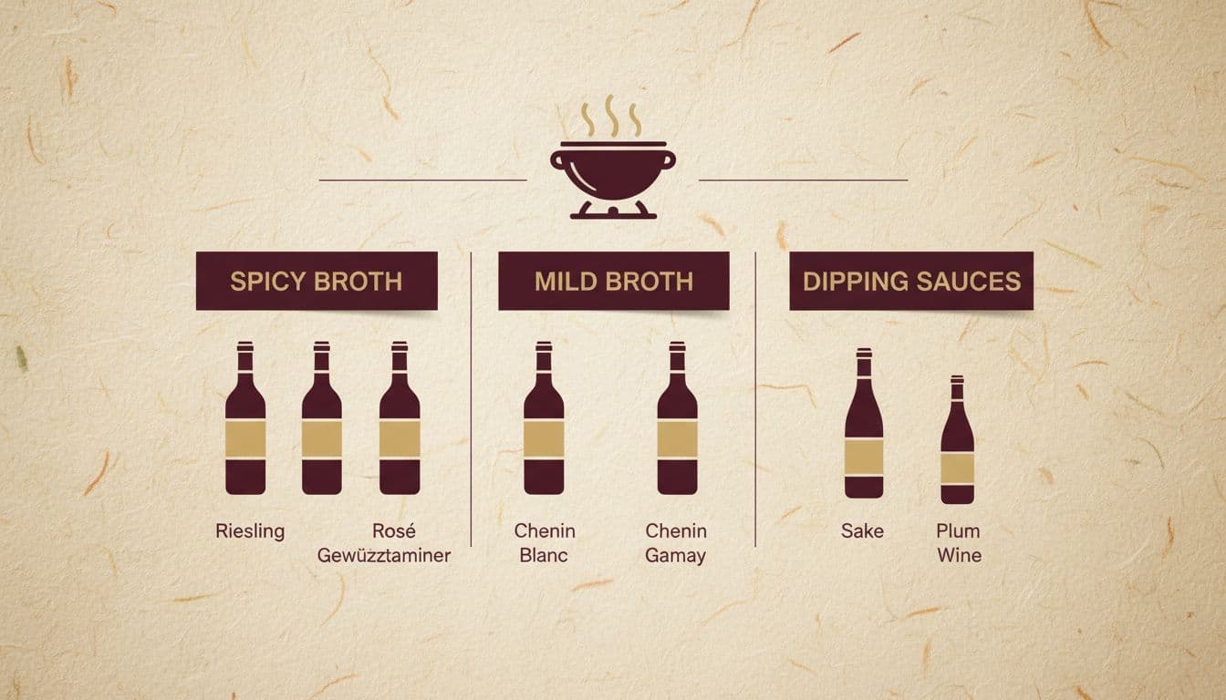 A minimalist infographic on a textured paper placemat background featuring steaming hot pot icon and wine pairings for spicy broth, mild broth, and dipping sauces.