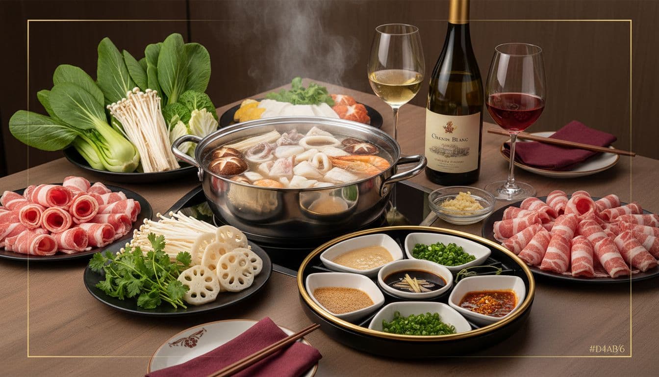 A clear mild hot pot broth pot with mushrooms, seafood, fresh leafy greens, enoki mushrooms, and thin-sliced meats on a dining table, accompanied by a sauce tray with sesame sauce, soy-vinegar mix, scallions, garlic, and cilantro, plus Chenin Blanc and Gamay wines.