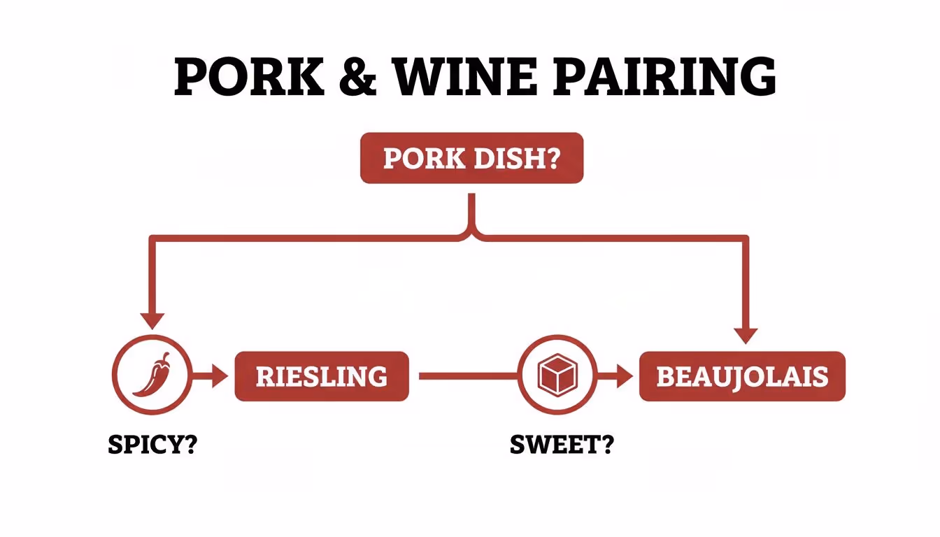 A flowchart titled 'Pork & Wine Pairing' suggesting Riesling for spicy pork and Beaujolais for sweet pork dishes.