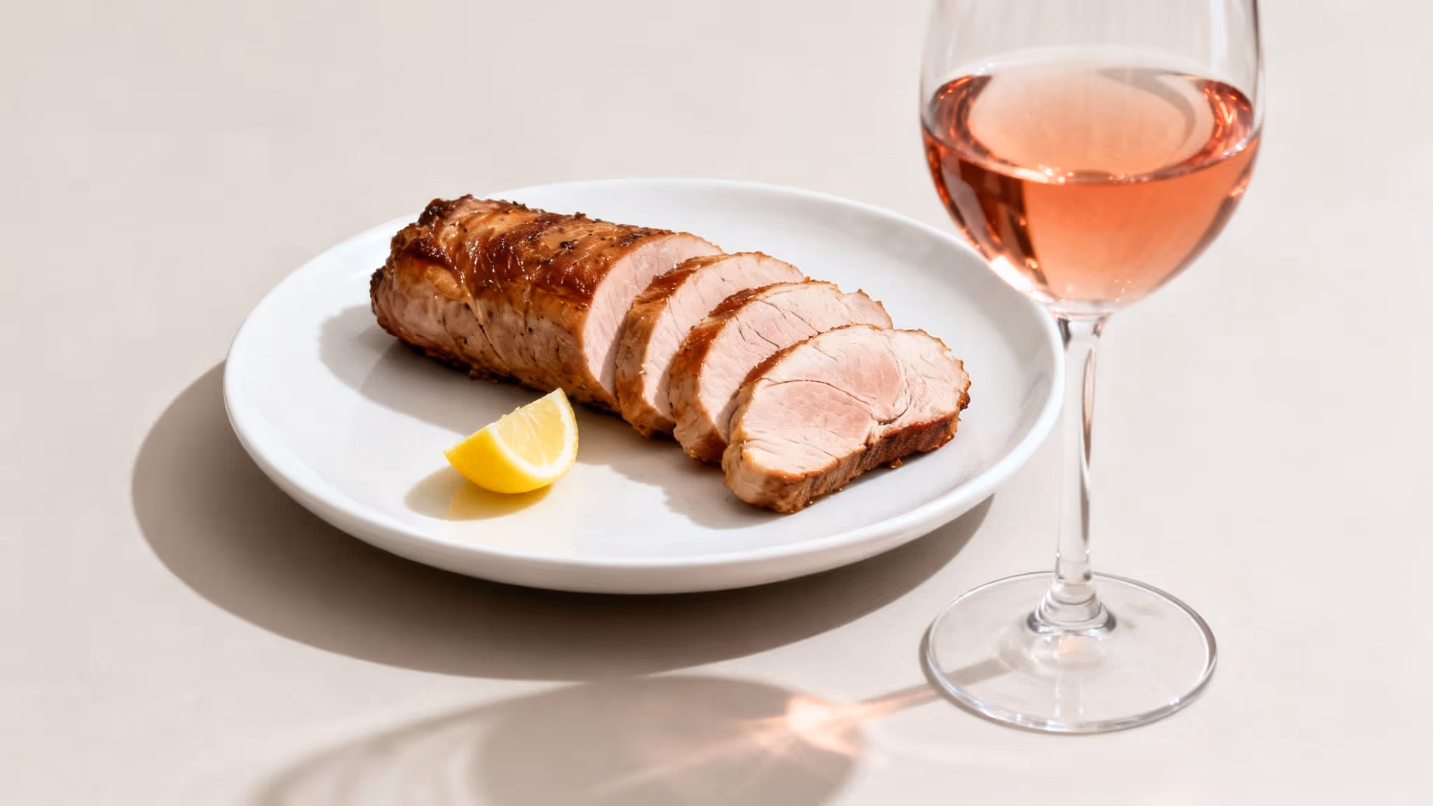 Perfectly cooked and sliced pork tenderloin with a lemon wedge and a glass of rosé wine.