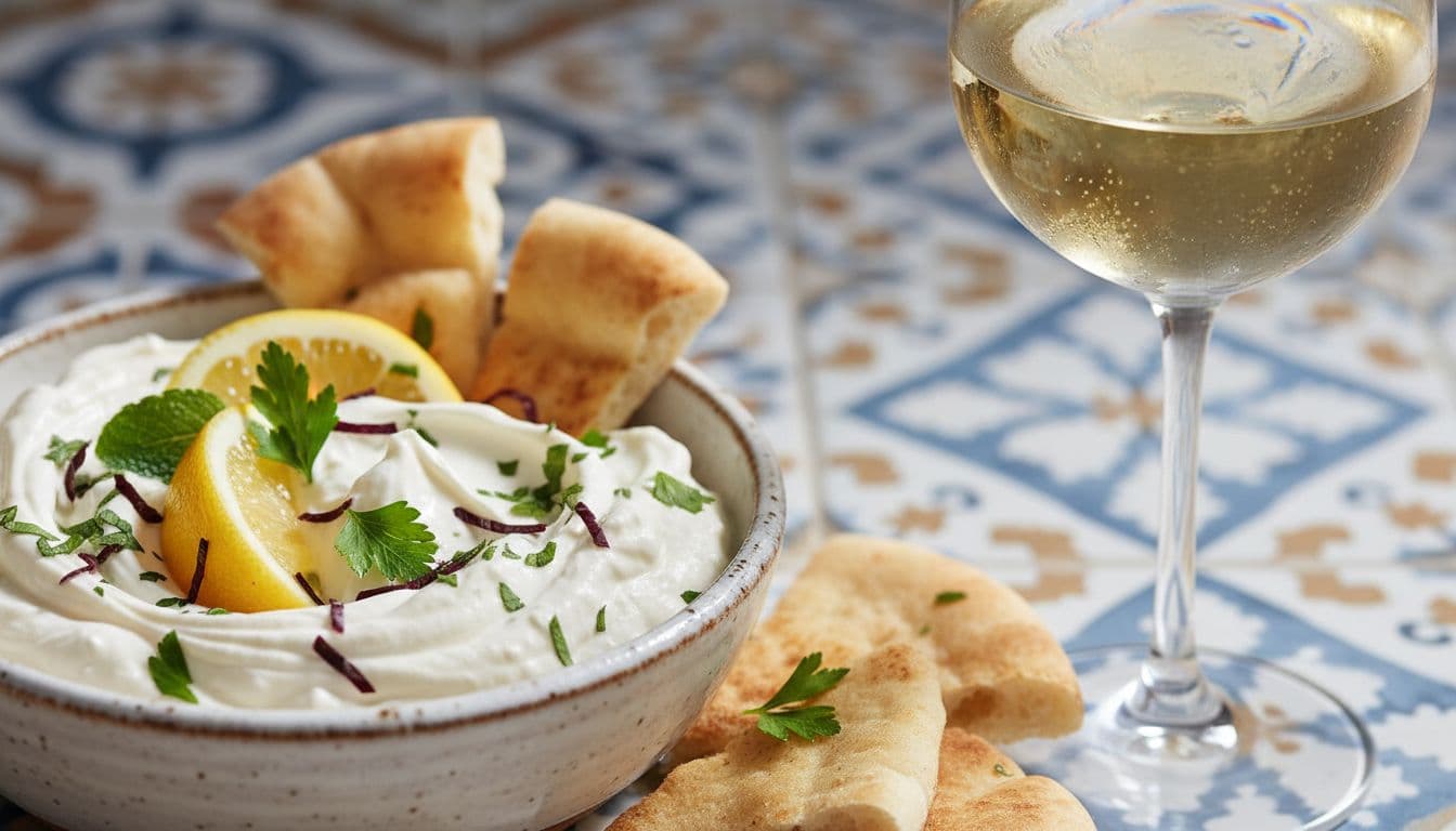 Close-up three-quarter view of a small ceramic bowl filled with creamy garlicky toum sauce, garnished with lemon wedges, herbs, and pita bread, beside a chilled glass of dry white wine.