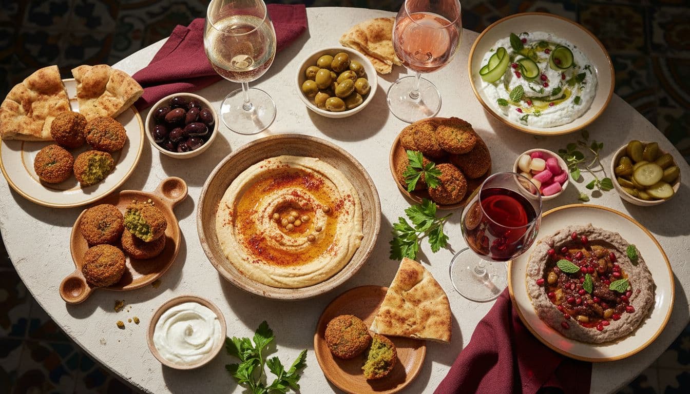 Overhead view of a rustic light stone table covered in a Mediterranean mezze spread including creamy hummus, golden falafel, smoky baba ganoush, tzatziki, toum, pita bread, olives, and pickles, with three elegant wine glasses.