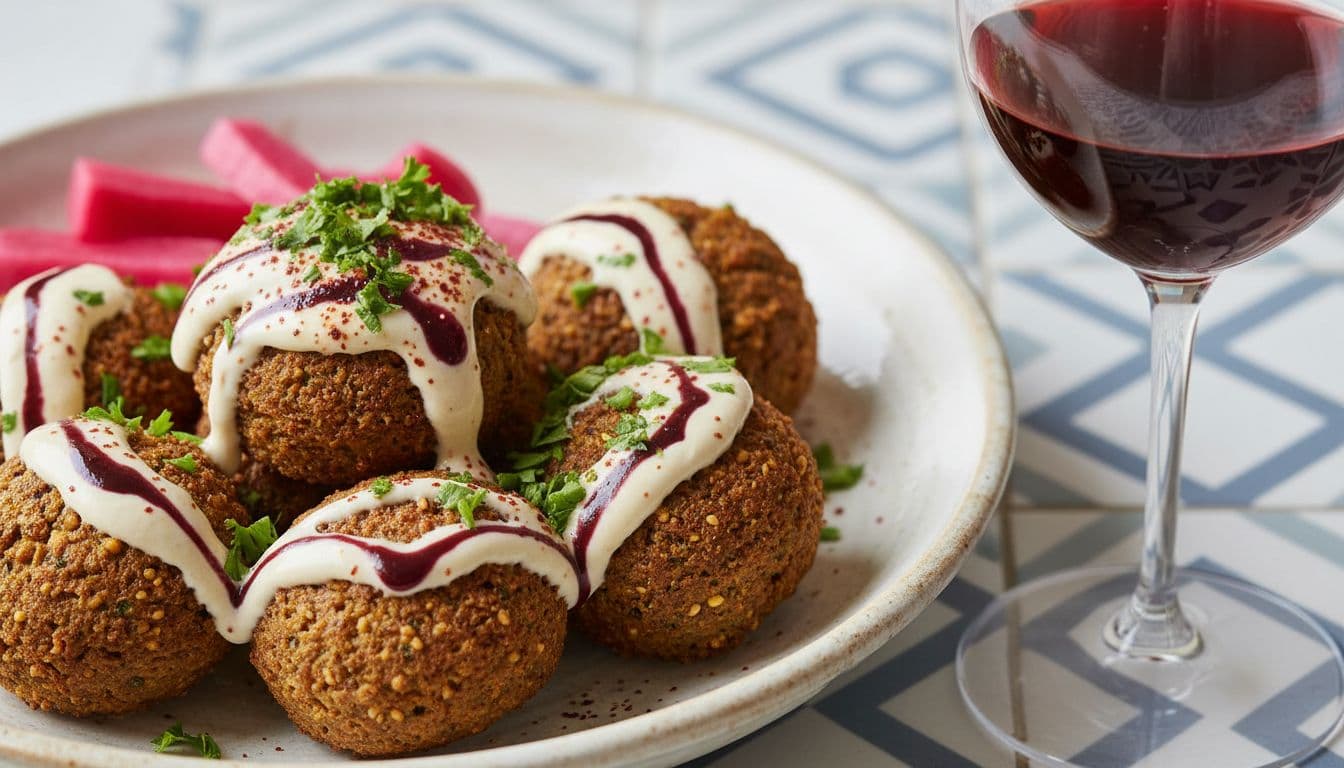 Plate of crispy falafel balls drizzled with tahini, topped with chopped parsley and sumac, accompanied by pickled turnips and a glass of light-bodied red wine.