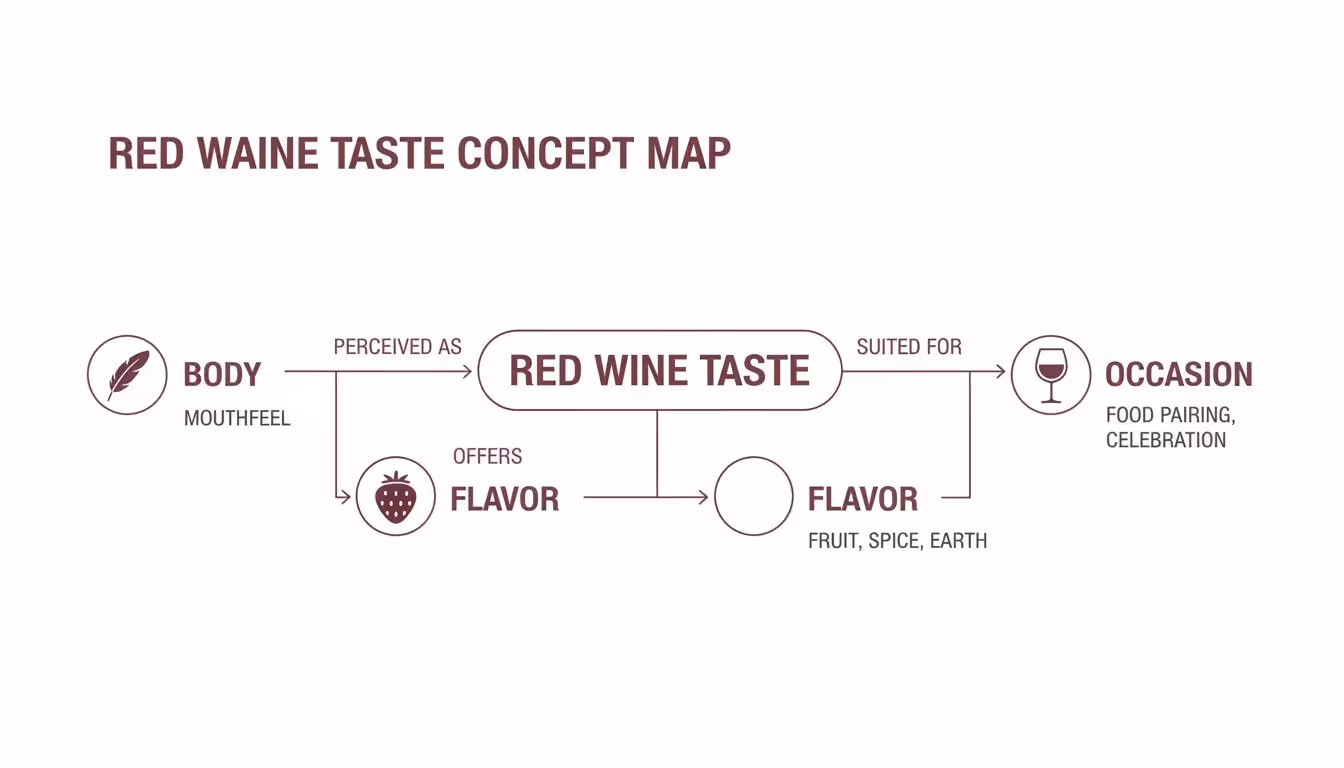 A concept map illustrating red wine taste, its body, flavors (fruit, spice, earth), and suitable occasions.