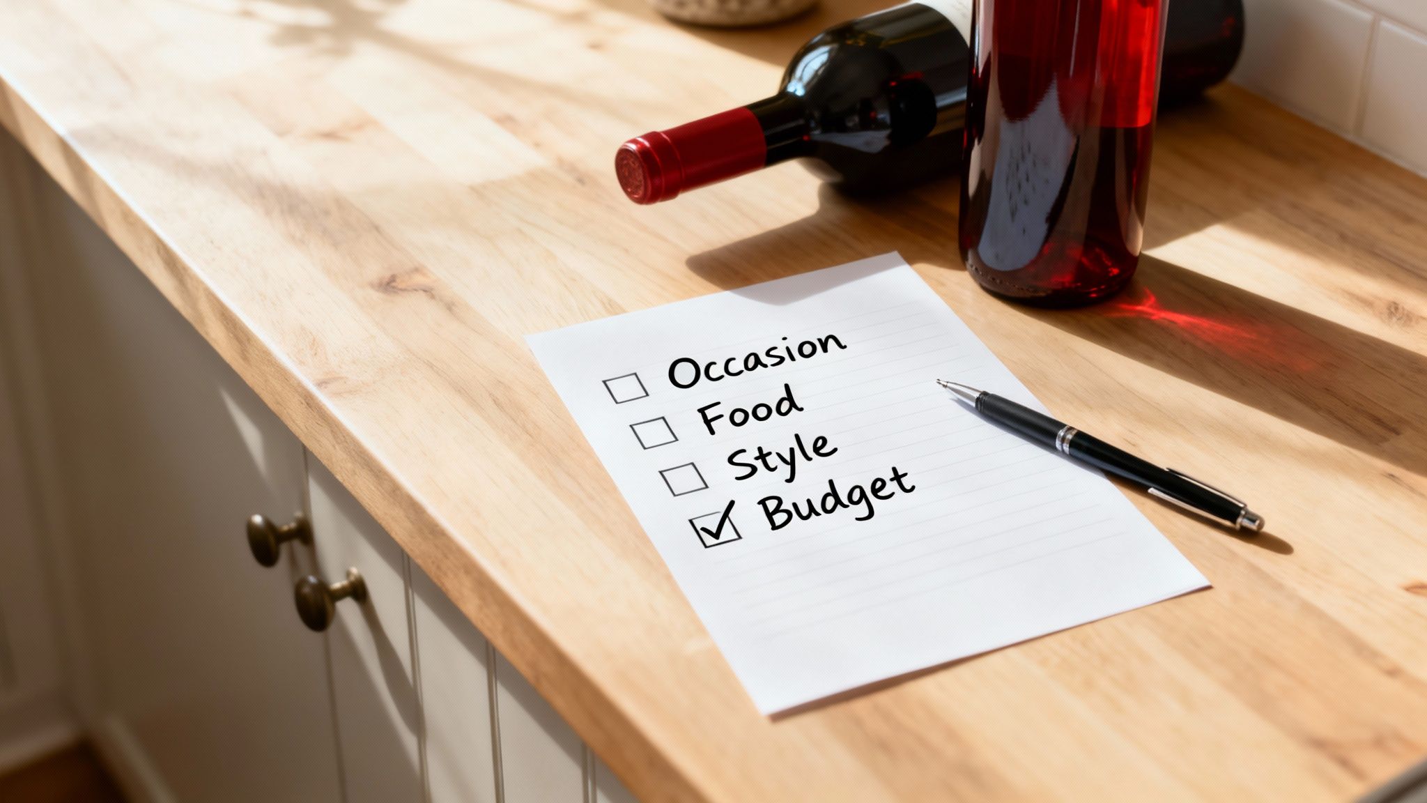 A checklist with 'Budget' checked on a wooden counter with two red wine bottles and a pen.