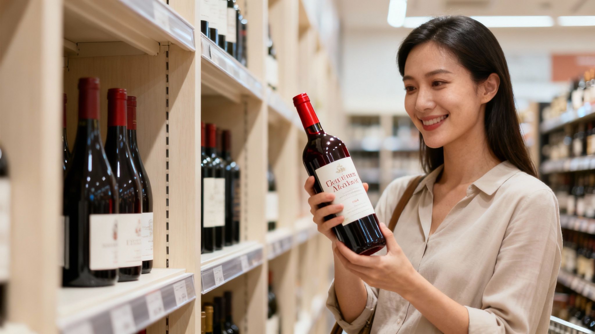 A smiling Asian woman holds a red wine bottle, examining it in a well-stocked wine aisle.