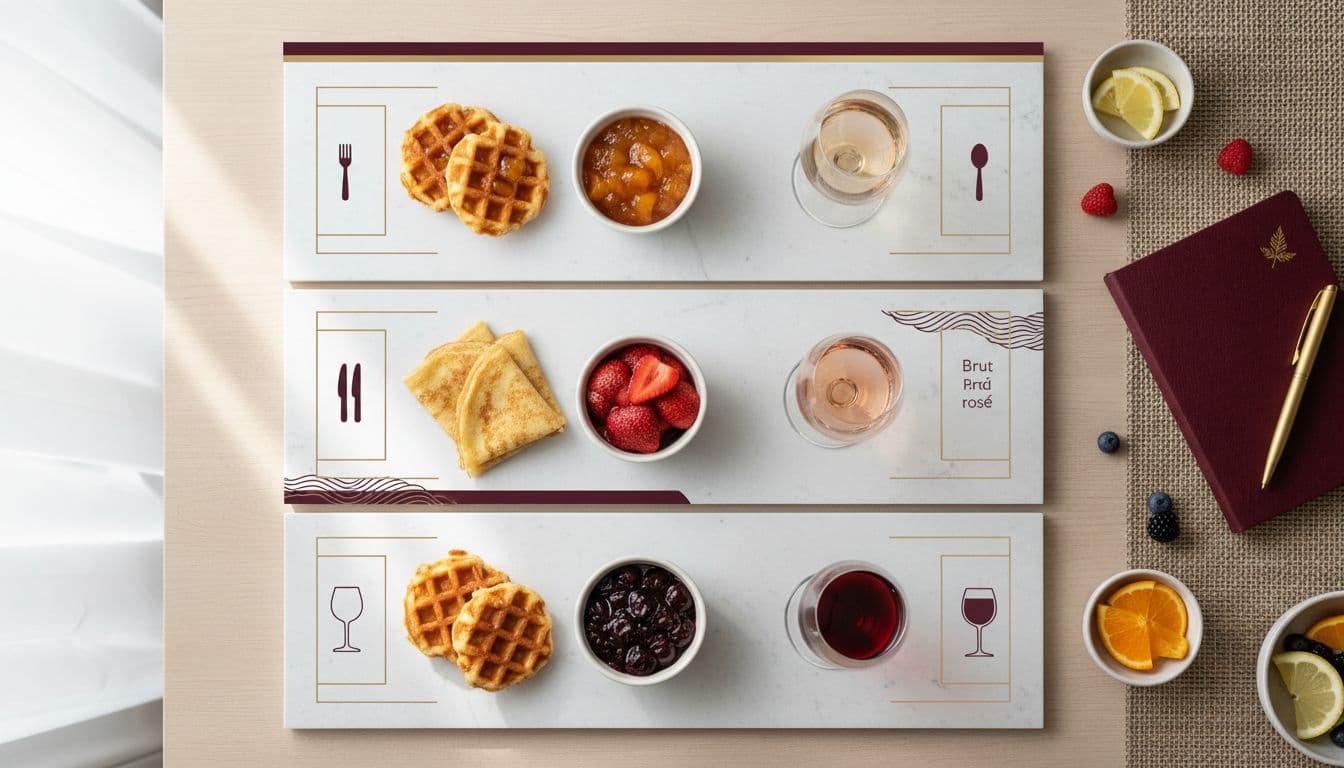 Top-down flat-lay pairing board showcasing waffles and crepes with peach, strawberry, and cherry compotes paired with Riesling, brut rosé, and chilled Pinot Noir in modern editorial style.