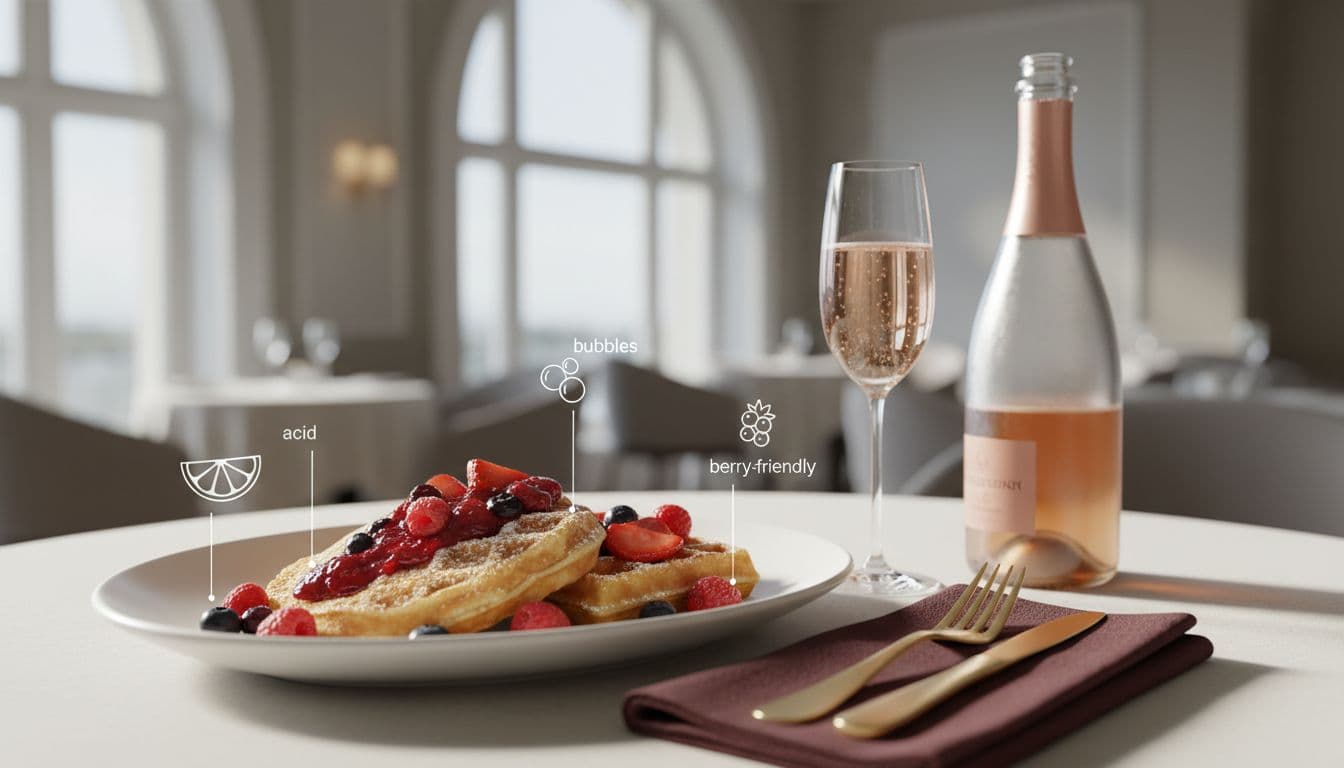 Bright brunch scene in modern editorial food photography style featuring folded crepes and Belgian waffles topped with mixed berry compote including raspberries, strawberries, and blueberries, plus powdered sugar, beside chilled sparkling rosé Champagne, with subtle infographic overlays.