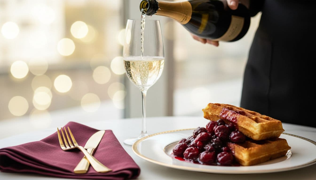 Close-up in modern editorial food photography style of sparkling wine pouring into a flute glass next to waffle edges topped with glossy fruit compote, set in a high-end brunch scene with bokeh highlights, burgundy napkin, and gold accents under soft natural light.
