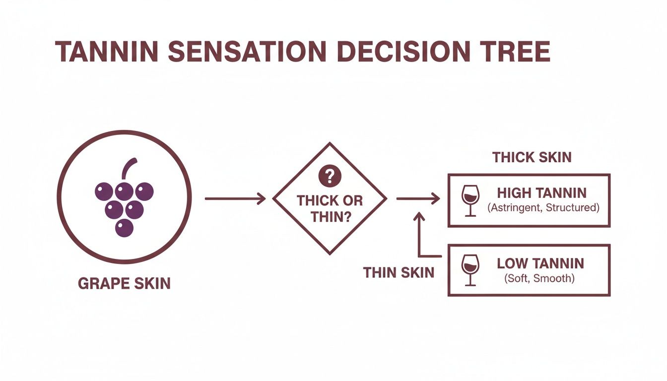 Decision tree illustrating how grape skin thickness determines high or low tannin sensation in wine.