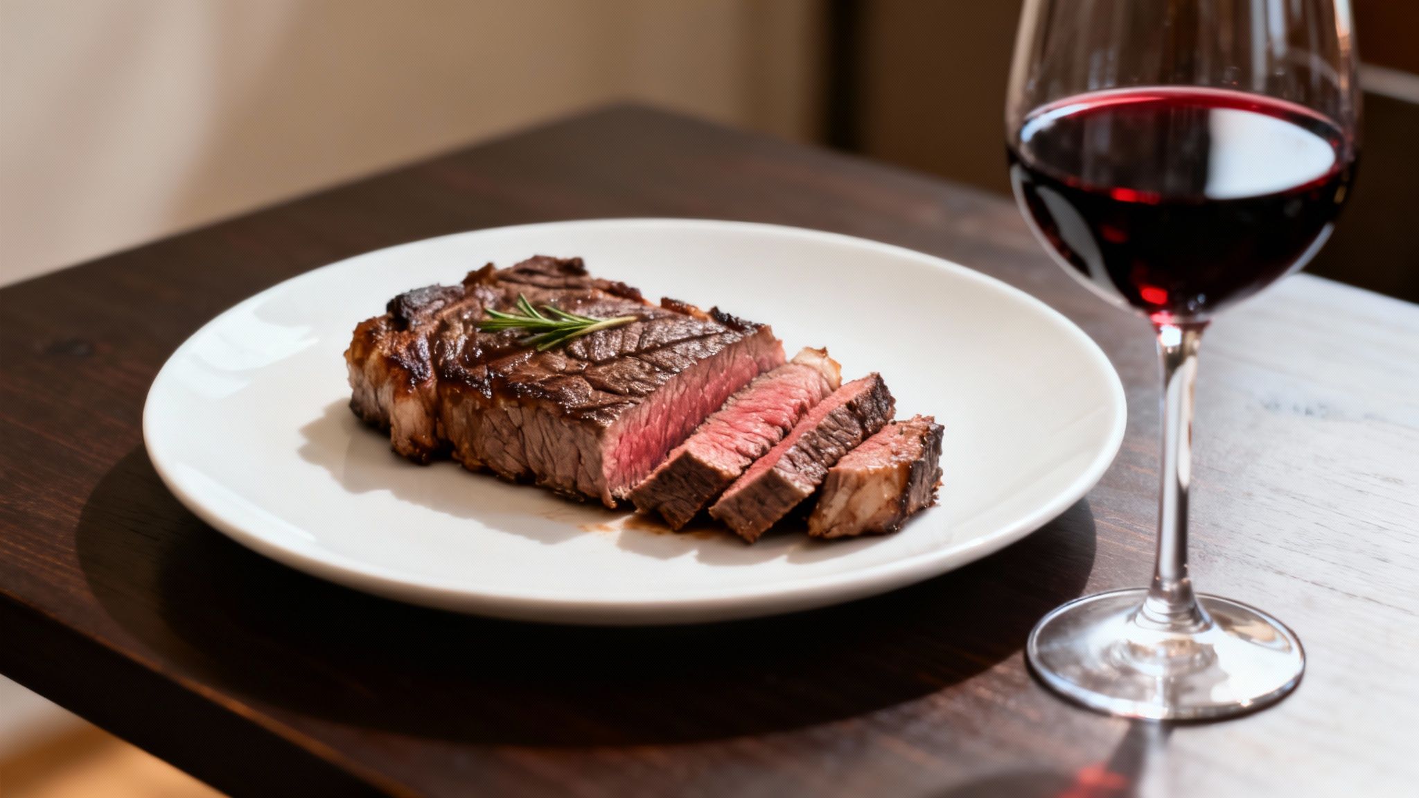 Perfectly grilled steak, sliced to medium-rare, garnished with rosemary, served with red wine on a dark wooden table.