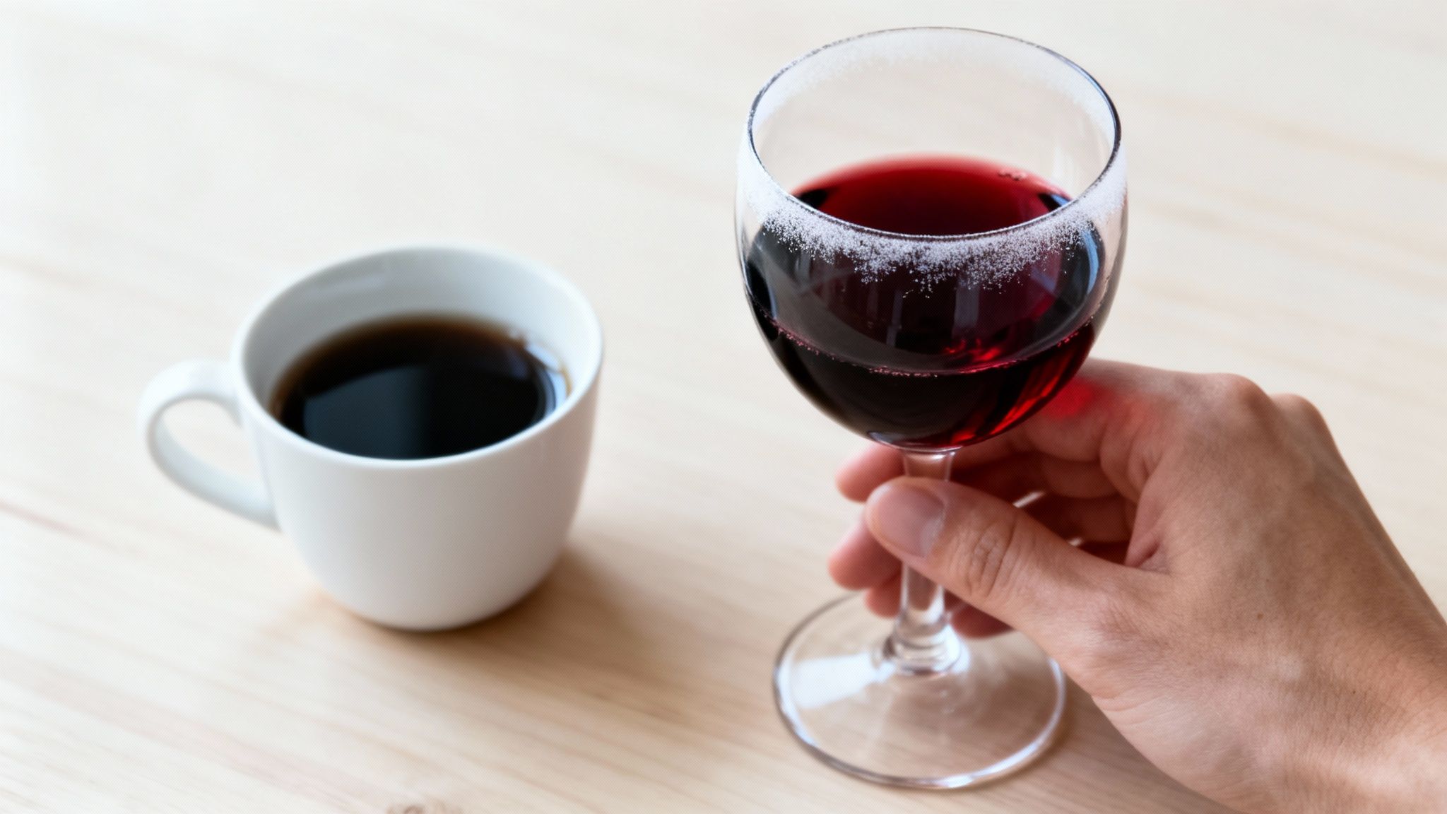 A hand holds a glass of red wine with a sugared rim, next to a mug of black coffee.