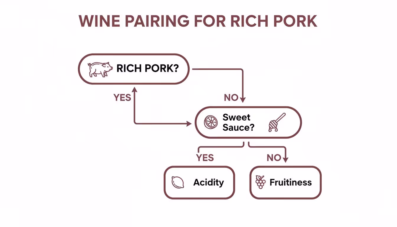 Flowchart advising wine characteristics for rich pork: acidity for sweet sauces, fruitiness otherwise.