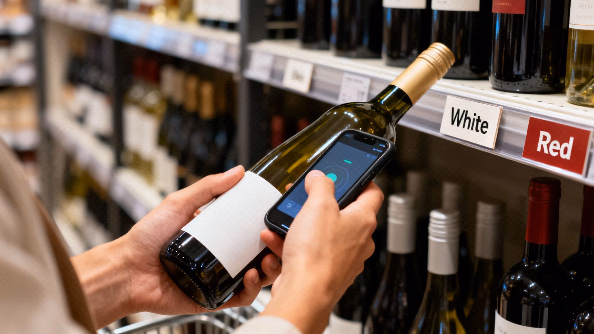 Person's hands scanning a white wine bottle with a mobile phone in a grocery store aisle.