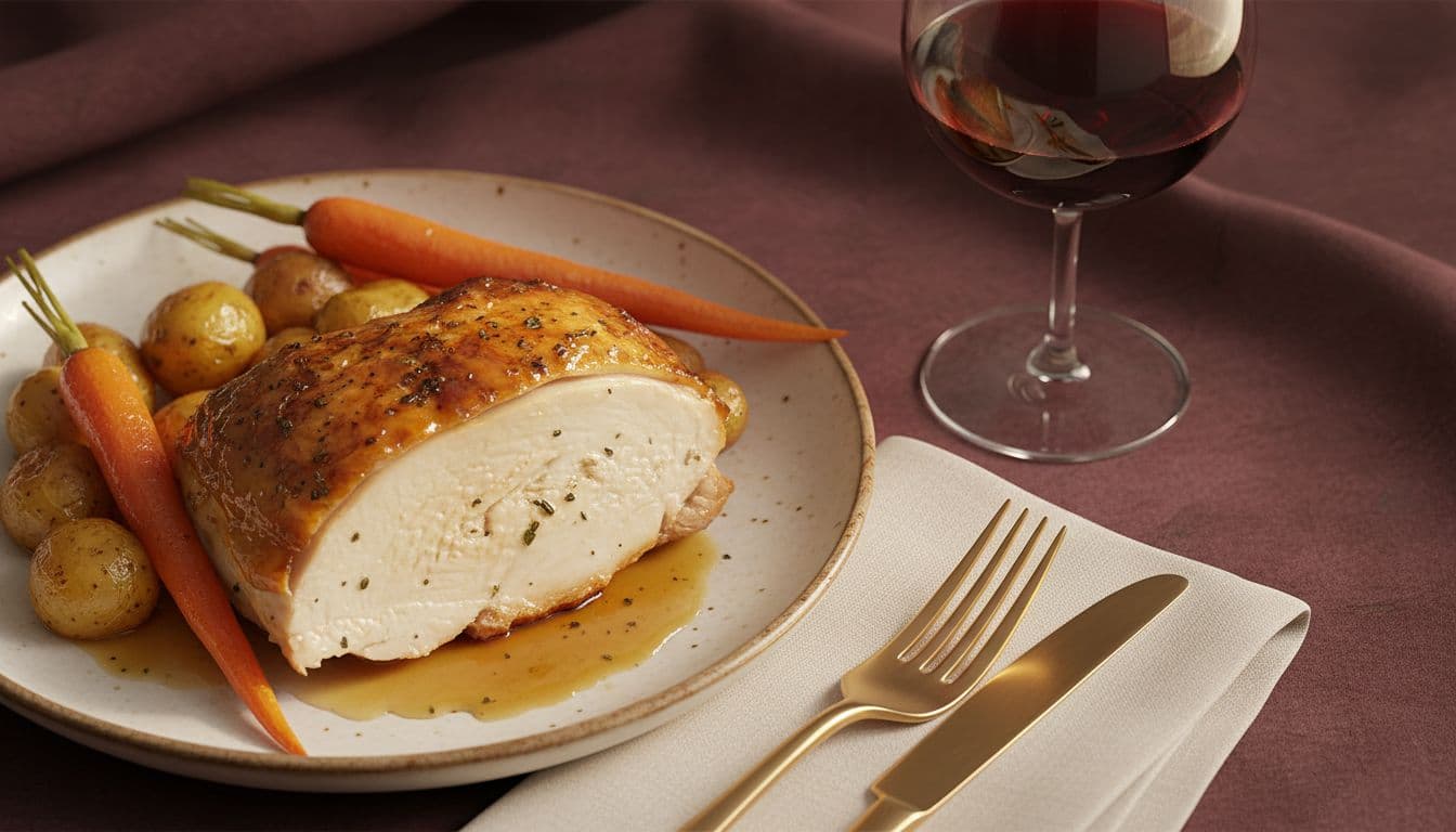Close-up illustration of a carved roast chicken slice with pan juices and roasted carrots, potatoes, beside a wine glass.