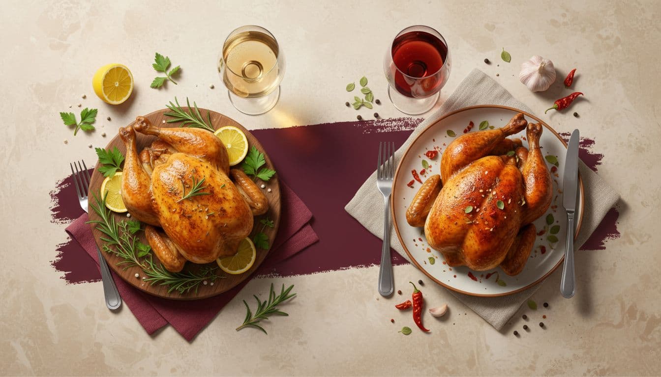 Split-panel modern-rustic still-life illustration depicting herb-lemon roast chicken paired with chilled white wines like Chardonnay on the left, and paprika-garlic crusted chicken with light reds like Pinot Noir on the right.
