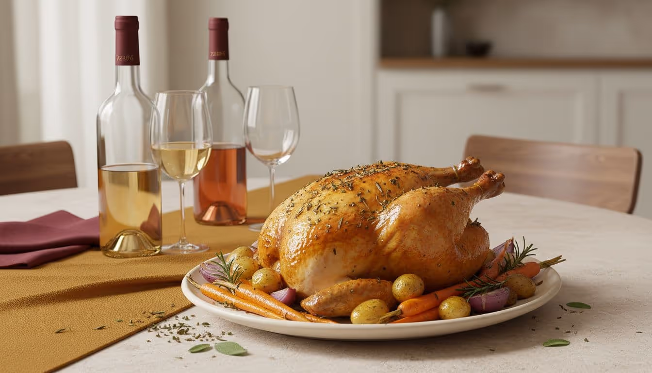 Refined modern-rustic Sunday table scene with golden herb-rubbed roast chicken, roasted veggies, and subtle wine pairing cues.