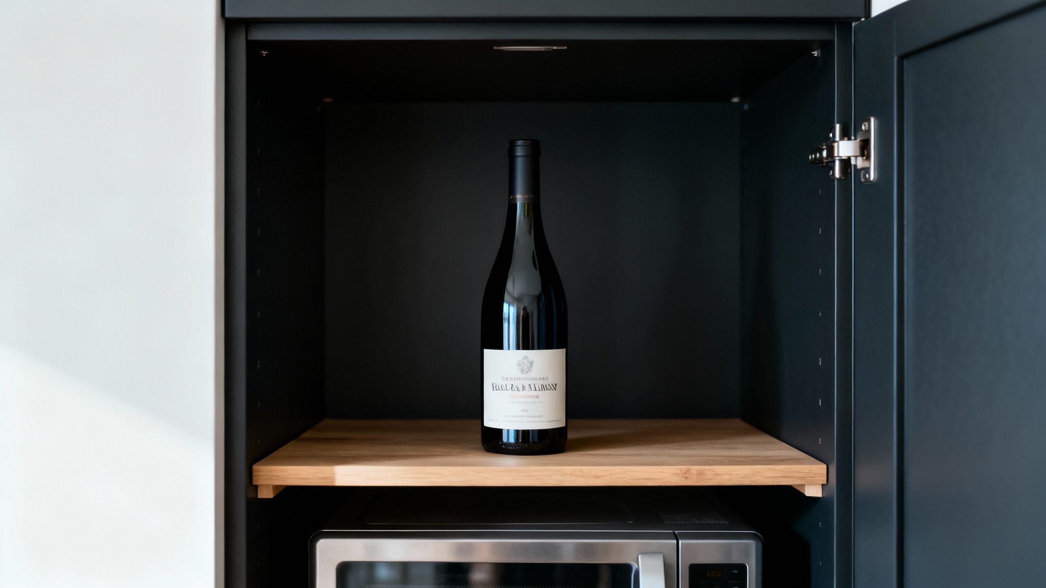 A bottle of red wine stands on a wooden shelf inside a dark, cool home wine storage space.