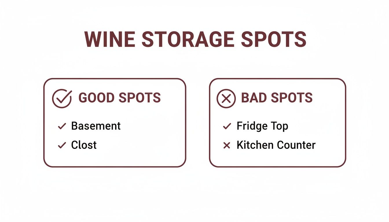 Infographic illustrating recommended good and bad spots for storing wine at home.