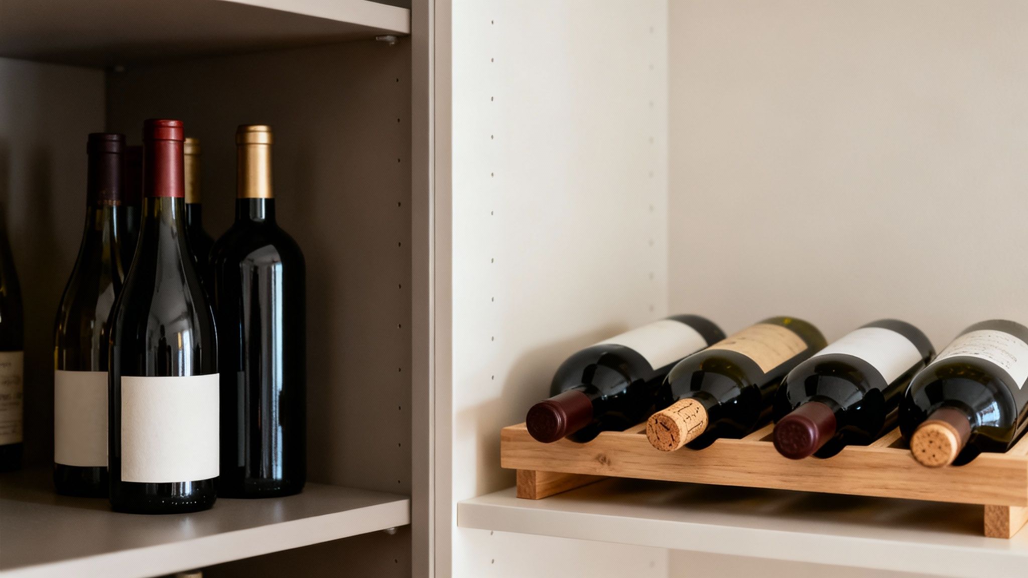 Various wine bottles displayed on shelves and a wooden rack in a home.