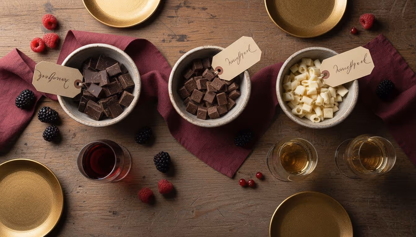 Top-down pairing scene with dark, milk, and white chocolate