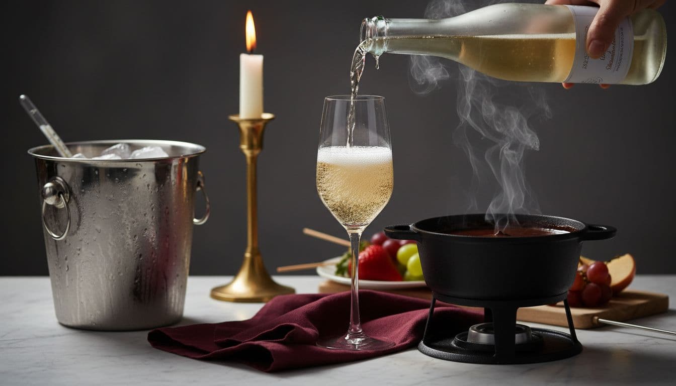 Pouring sparkling wine beside chocolate fondue setup