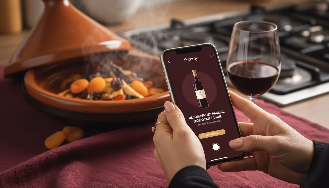 Hands scanning a wine bottle with an app while a tagine simmers in the background