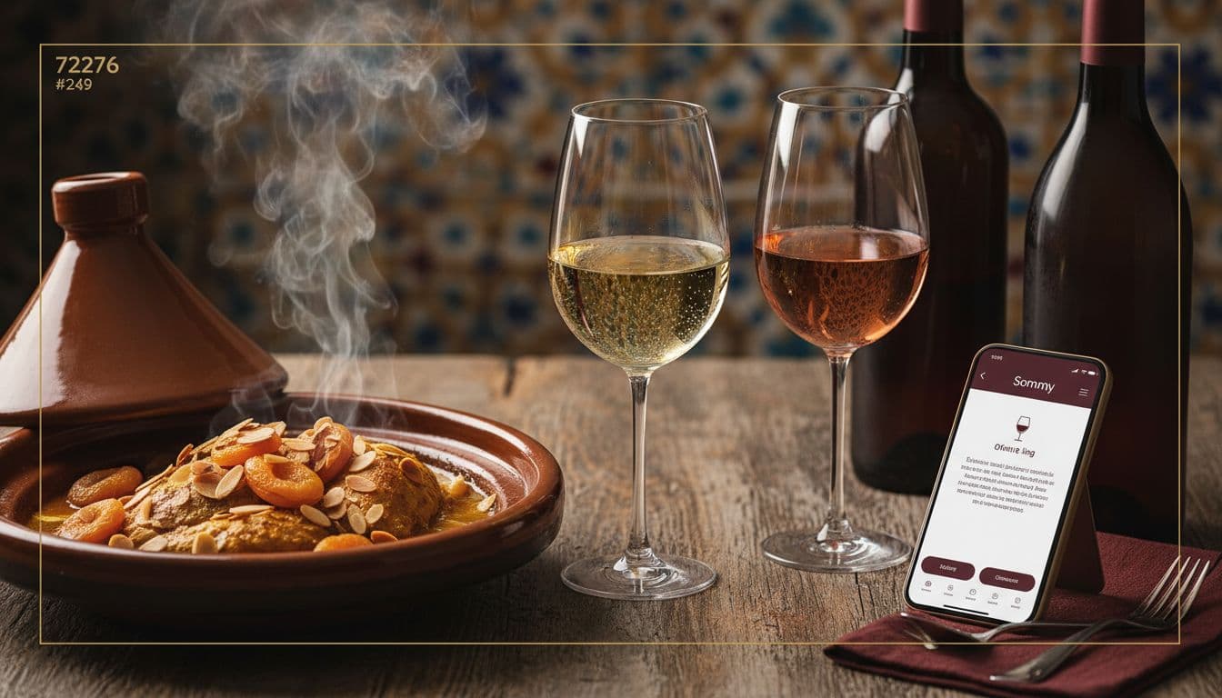 Tagine with two wine styles and a pairing app on a phone