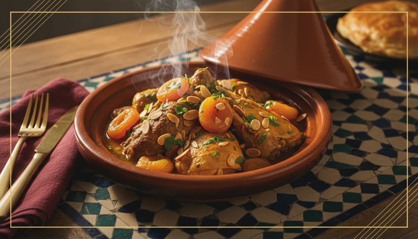 Steaming Moroccan tagine with saffron sauce, apricots, almonds, and herbs on a rustic table