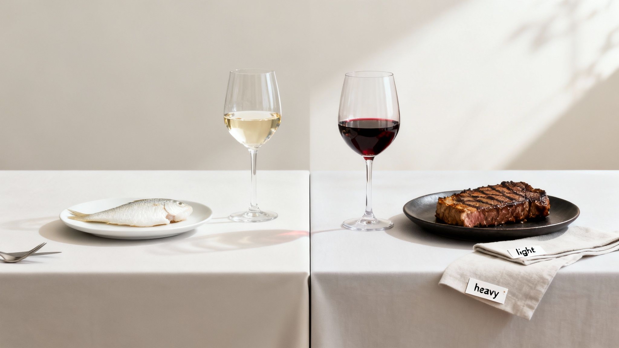 Table showing two food and wine pairings: fish with white wine and steak with red wine.
