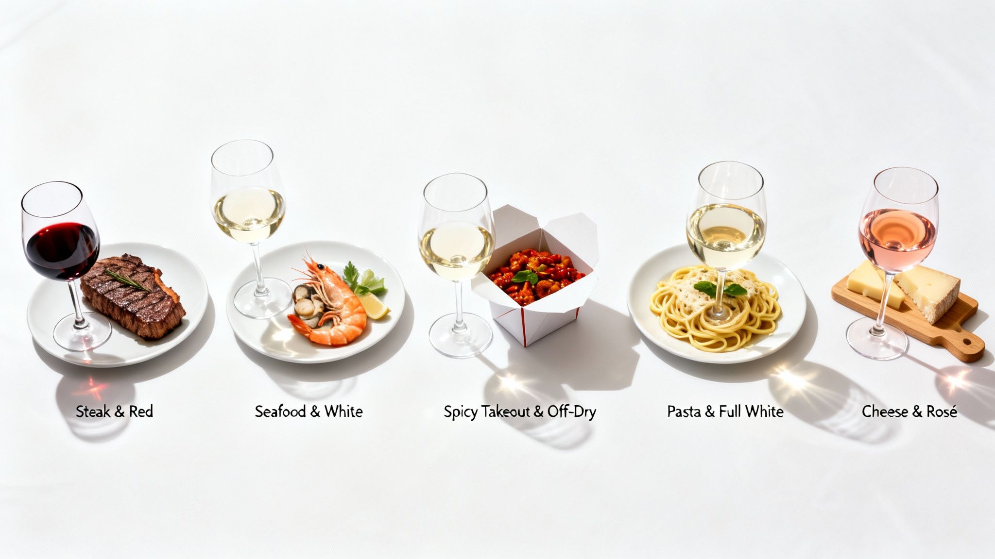 Five food and wine pairings: steak with red, seafood with white, spicy takeout with off-dry, pasta with full white, and cheese with rosé.