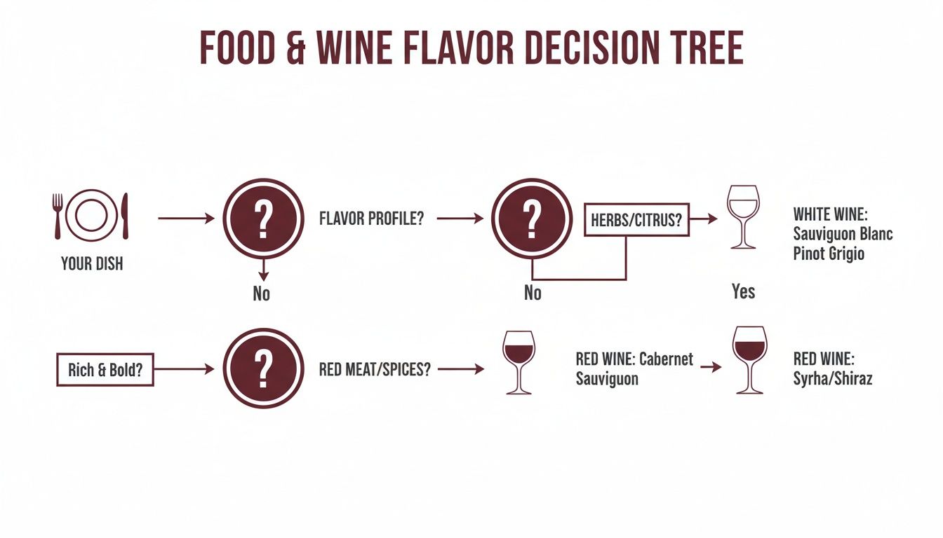 A food and wine flavor decision tree guiding users to pair wines based on dish characteristics.